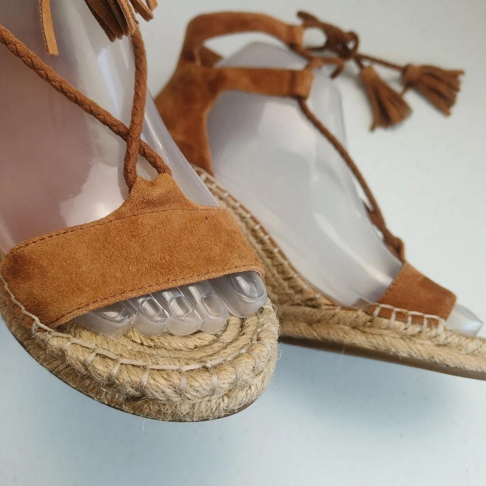 Joie light brown Phyllis suede leather wedge espadrille tie up sandals size 36 w